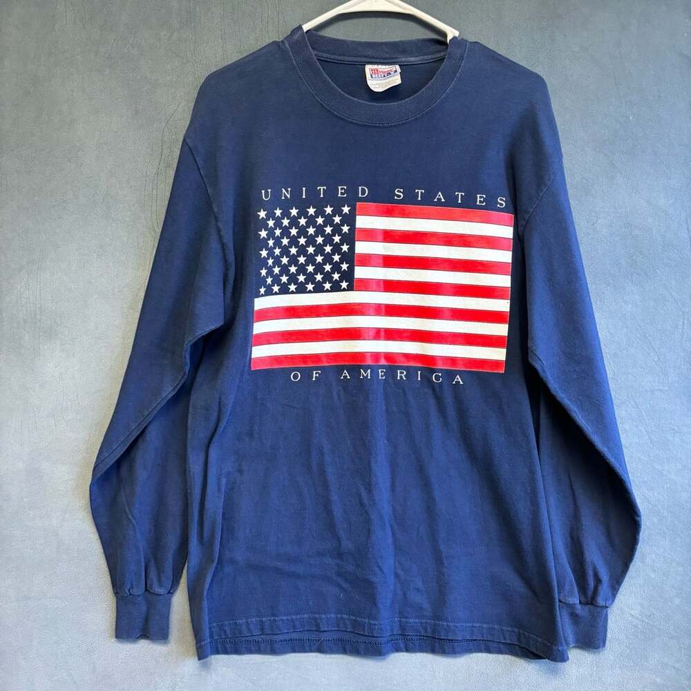 Hanes Beefy-T USA Flag Long Sleeve T-Shirt Size M Navy Blue made in USA